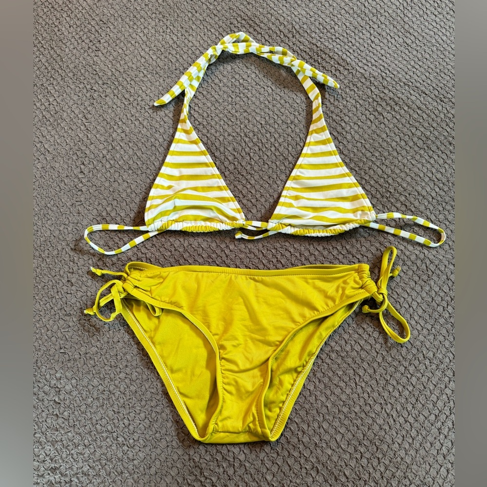 Chartreuse and white colored string triangle bikini.